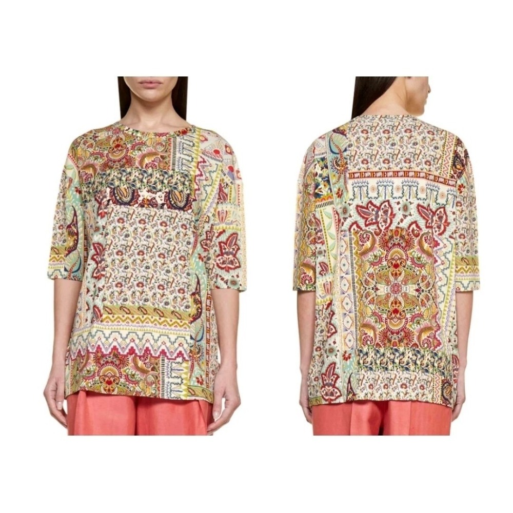 ETRO MILANO T-SHIRT TOP SUMMER COLLECTION PAISLEY PATCHWORK PRINT Sz IT 44 M